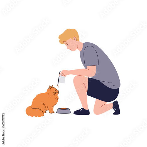 Pet Feeding Illustration: Man Giving Food to a Cat, Flat Vector Style