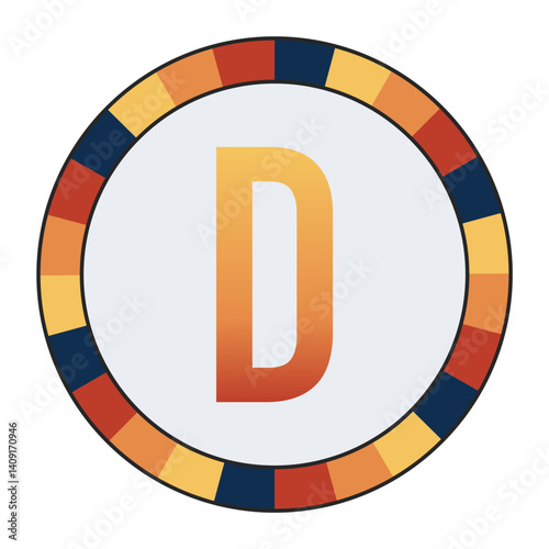 Bold CAPITAL Letter D in Orange Gradient on a Light Gray Background, Surrounded by a Multicolored Circular Frame, enclosed in a black frame.