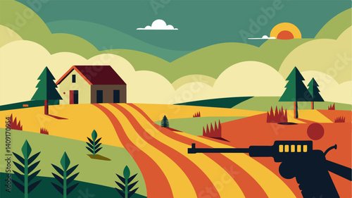 The distant sound of gunfire echoes through the abandoned farmlands a constant reminder of the danger that has forced farmers to flee from their homes and fields. The empty fields. Vector illustration
