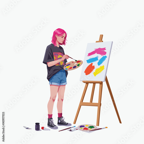 Painting Illustration: Woman with Palette and Brush on Canvas, Flat Vector Style.