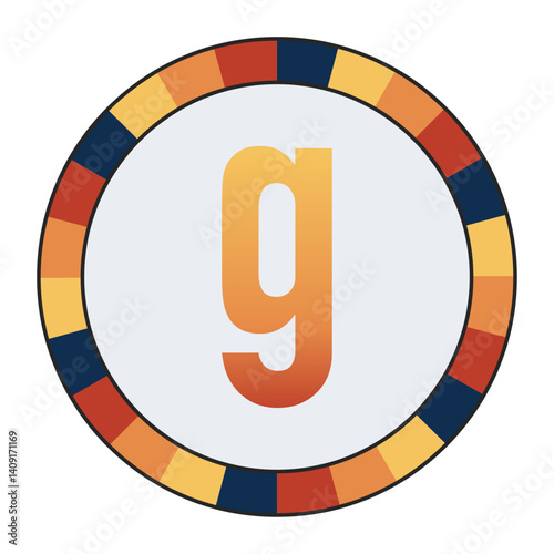 Bold lowercase Letter g in Orange Gradient on a Light Gray Background, Surrounded by a Multicolored Circular Frame, enclosed in a black frame.