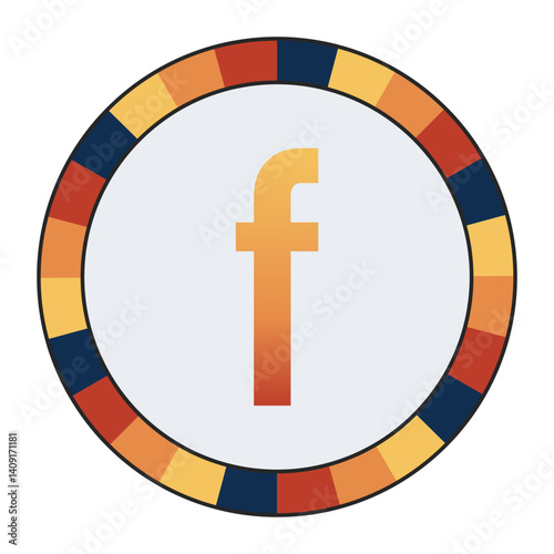Bold lowercase Letter f in Orange Gradient on a Light Gray Background, Surrounded by a Multicolored Circular Frame, enclosed in a black frame.