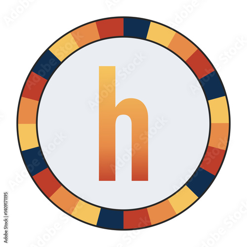 Bold lowercase Letter h in Orange Gradient on a Light Gray Background, Surrounded by a Multicolored Circular Frame, enclosed in a black frame.