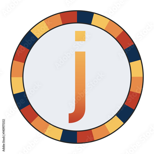Bold lowercase Letter j in Orange Gradient on a Light Gray Background, Surrounded by a Multicolored Circular Frame, enclosed in a black frame.