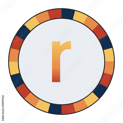 Bold lowercase Letter r in Orange Gradient on a Light Gray Background, Surrounded by a Multicolored Circular Frame, enclosed in a black frame.