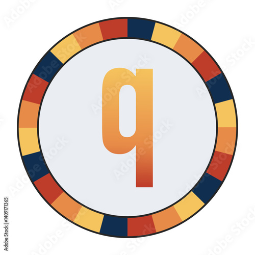 Bold lowercase Letter q in Orange Gradient on a Light Gray Background, Surrounded by a Multicolored Circular Frame, enclosed in a black frame.