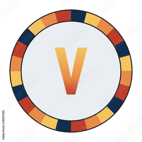 Bold lowercase Letter v in Orange Gradient on a Light Gray Background, Surrounded by a Multicolored Circular Frame, enclosed in a black frame.