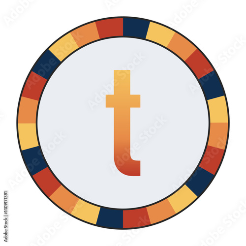Bold lowercase Letter t in Orange Gradient on a Light Gray Background, Surrounded by a Multicolored Circular Frame, enclosed in a black frame.