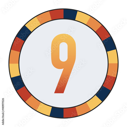 Bold number “9” in Orange Gradient on a Light Gray Background, Surrounded by a Multicolored Circular Frame, enclosed in a black frame.