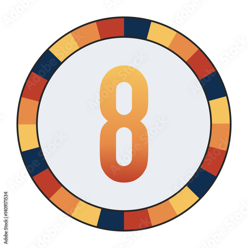 Bold number “8” in Orange Gradient on a Light Gray Background, Surrounded by a Multicolored Circular Frame, enclosed in a black frame.