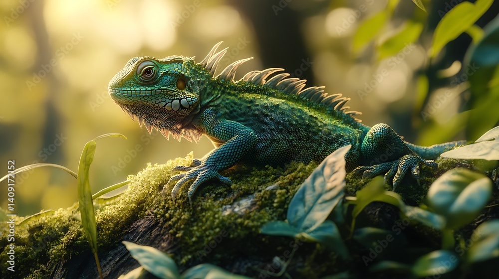 Fototapeta premium Detailed Green Lizard Perched On A Mossy Branch With Sunlight In A Forest Setting