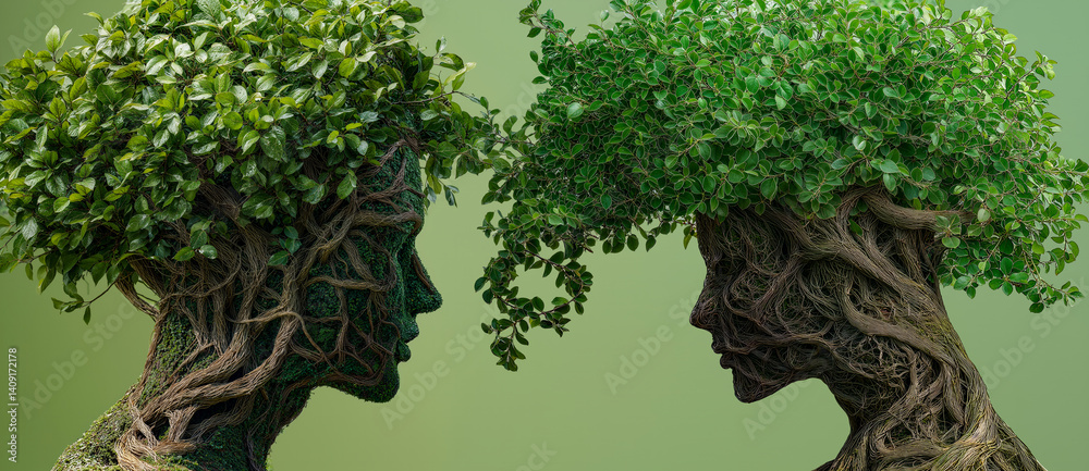 A beautifully detailed sculpture that merges a human face with natural elements and textures Trails of greenery grow atop the head, resembling a lush crown of leaves