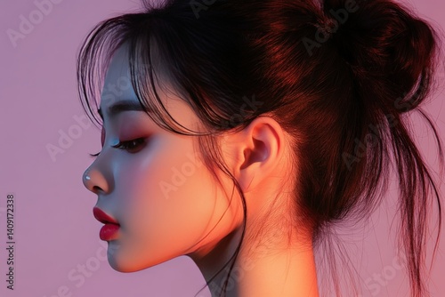 asian woman with beautiful face gathered ponytail fresh skin white isolated background photo