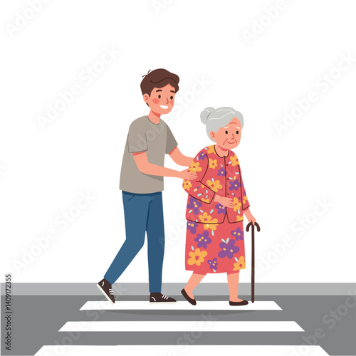 Generational Support: A Young Man Helping an Elderly Woman Walk.