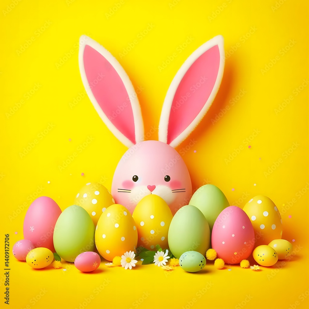 Obraz premium Bright and playful Easter still life with a glass jar of pastel eggs topped with pink bunny ears and bow, surrounded by colorful decorated eggs on a vibrant yellow background.