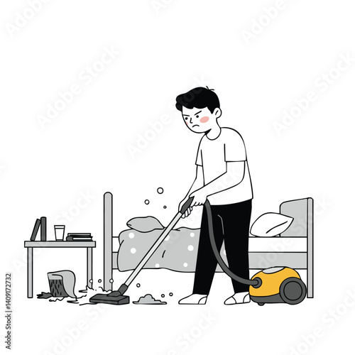 Chore Time: A Man Cleaning a Messy Room with a Vacuum Cleaner.