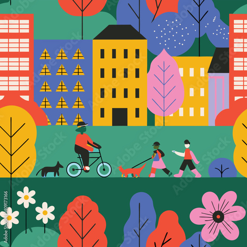 Serene City Garden Blooming With Vibrant Plants Colorful Flowers Lush Greenery Under Glowing Sunlight Showcasing Bold Botanical Designs Minimalistic Urban Textures For Relaxing Scenes