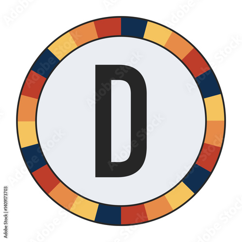 Modern CAPITAL Letter D with Orange to Yellow Gradient, Framed by Vibrant Blue, Red, and Yellow Segments, enclosed in a black frame.