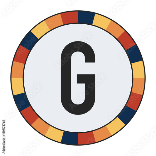 Modern CAPITAL Letter G with Orange to Yellow Gradient, Framed by Vibrant Blue, Red, and Yellow Segments, enclosed in a black frame.