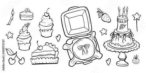 Birthday cakes doodle set. Collection of sweet holiday pastries. Cupcakes, macaroons, cakes and berries. Bento cake in box decorated with bow in coquette aesthetic style. Vector outline illustration.