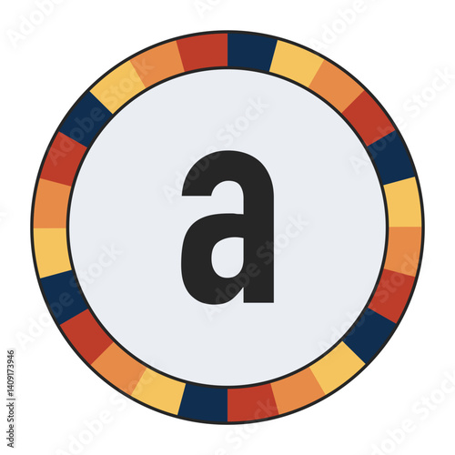 Modern lowercase Letter a with Orange to Yellow Gradient, Framed by Vibrant Blue, Red, and Yellow Segments, enclosed in a black frame.