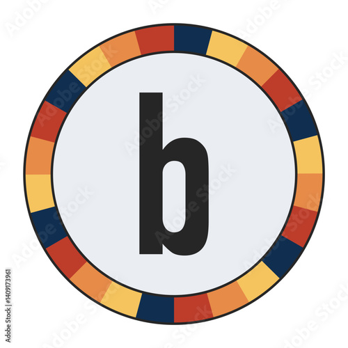 Modern lowercase Letter b with Orange to Yellow Gradient, Framed by Vibrant Blue, Red, and Yellow Segments, enclosed in a black frame.