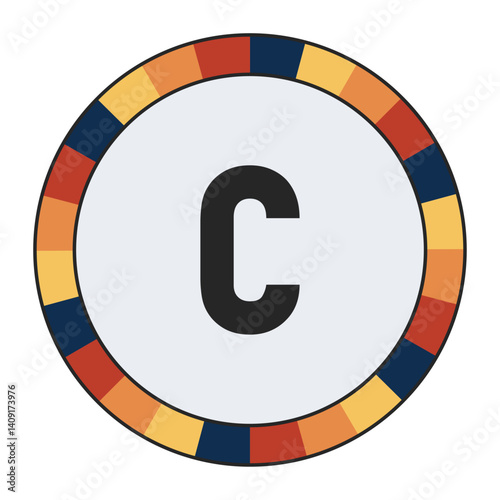 Modern lowercase Letter c with Orange to Yellow Gradient, Framed by Vibrant Blue, Red, and Yellow Segments, enclosed in a black frame.