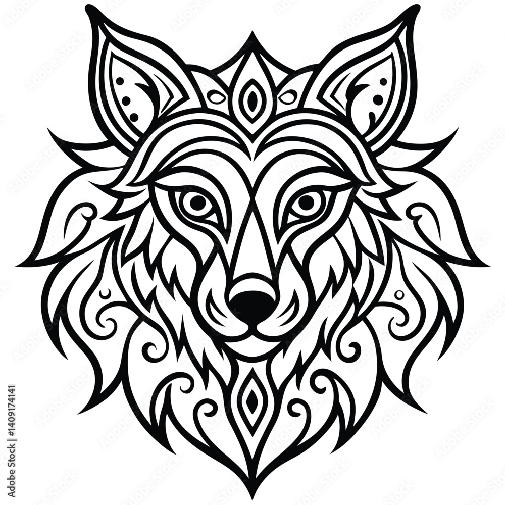 Fototapeta premium This striking tribal wolf head tattoo design showcases a powerful wild animal, a vector illustration embodying strength and primal nature in black silhouette art