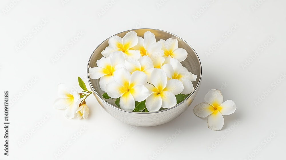 Obraz premium Fresh White Flowers with Yellow Center in Bowl on Minimalistic Background for Relaxation and Wellness