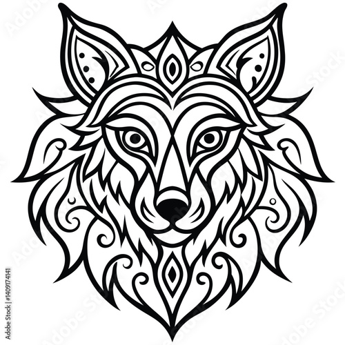 This striking tribal wolf head tattoo design showcases a powerful wild animal, a vector illustration embodying strength and primal nature in black silhouette art