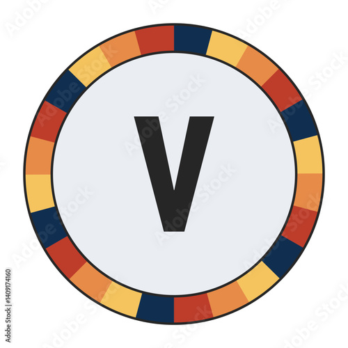 Modern lowercase Letter v with Orange to Yellow Gradient, Framed by Vibrant Blue, Red, and Yellow Segments, enclosed in a black frame.
