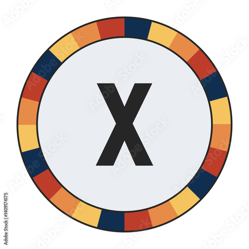 Modern lowercase Letter x with Orange to Yellow Gradient, Framed by Vibrant Blue, Red, and Yellow Segments, enclosed in a black frame.