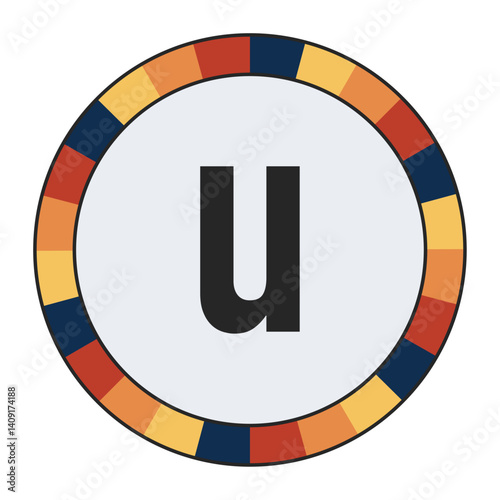 Modern lowercase Letter u with Orange to Yellow Gradient, Framed by Vibrant Blue, Red, and Yellow Segments, enclosed in a black frame.