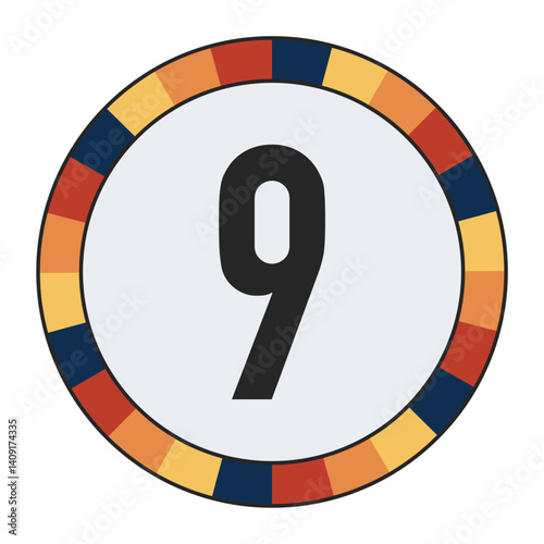 Modern number “9” with Orange to Yellow Gradient, Framed by Vibrant Blue, Red, and Yellow Segments, enclosed in a black frame.