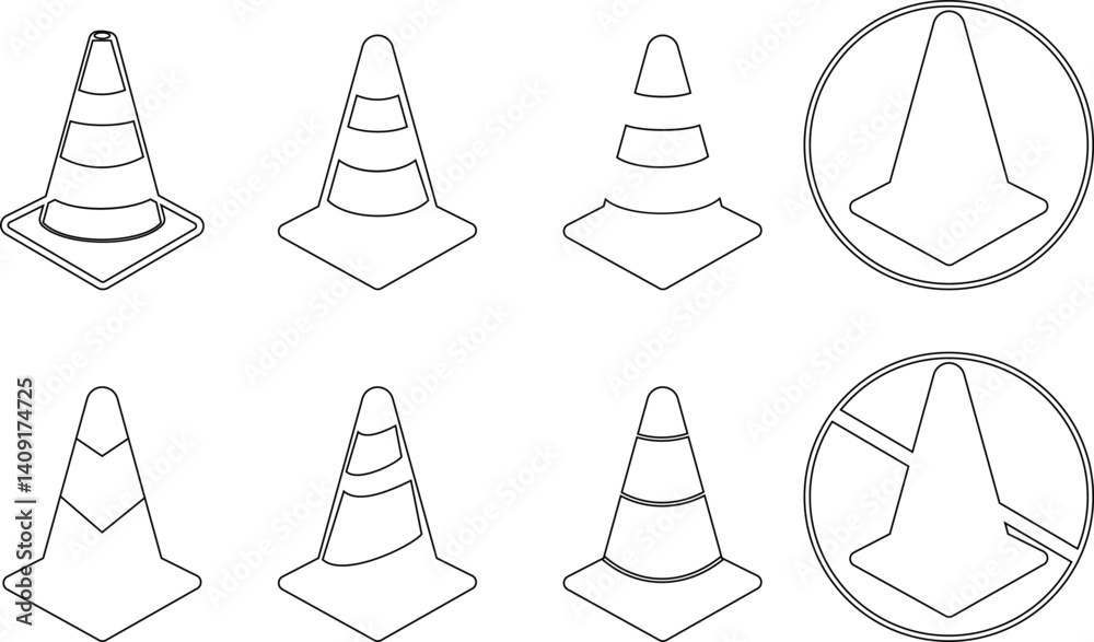 Road cone vector icon set. Warning for road construction work or car accident areas, markers to redirect traffic, separate or merge lanes. cone flat icon , caution, attention, transparent background Road cone vector icon set. Warning for road construction work or car accident areas, markers to redirect traffic, separate or merge lanes. cone flat icon , caution, attention, transparent background