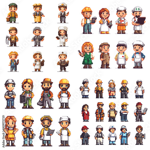 Pixel art collection of diverse male and female professionals, including chefs, builders, doctors, and more, in cute retro style. Perfect for games, apps, and stickers.

