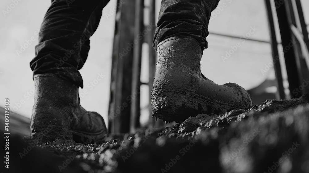 Fototapeta premium Construction worker pouring concrete for a foundation. Featuring precision and strength