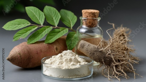 The wild yam extract is a dry white powder, placed in a culture dish with large, oval shaped wild yam plants next to it, showcasing its natural source and medicinal properties.
