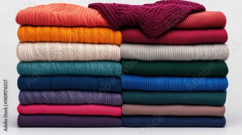 Colorful Stacked Knit Sweaters in Various Textures and Shades for Fashion Displays