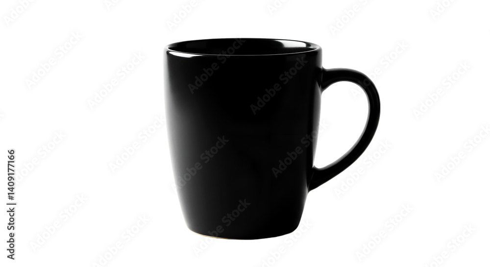 A single black ceramic mug with a handle sits against a stark black background in a studio shot