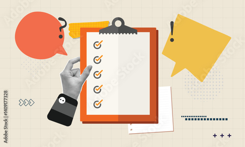 Trendy halftone collage Hand Write Checklist On Paper Business Person