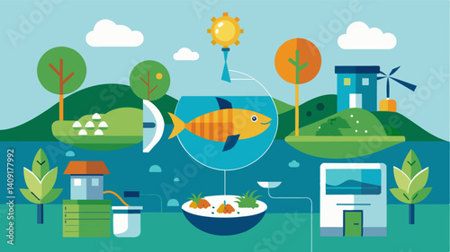 Creation of a balanced sustainable diet using locallysourced ingredients in a smart aquaculture feeding system reducing reliance on imported feed and promoting local economic. Vector illustration