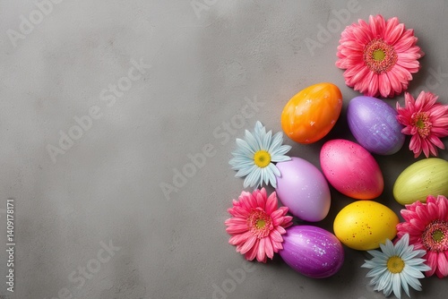 Obraz na płótnie Colorful easter eggs and vibrant gerbera daisies on a textured gray background flat lay springtime holiday celebration w salonie