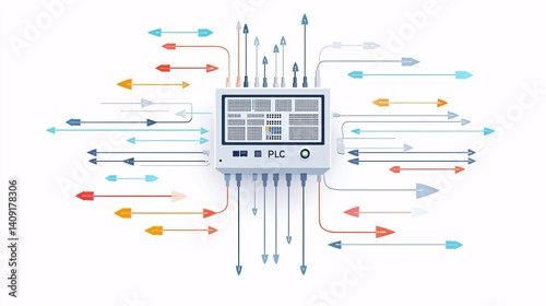 flat design showing programmable logic controller at center with arrows pointing to various industrial systems it controls, white background for instructional or infographic visuals. Programmable 