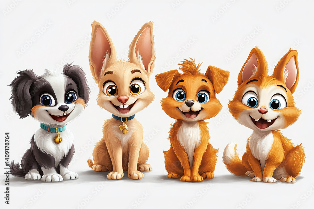 Comic-style animal figures in dynamic poses with exaggerated faces and vibrant color palette Comic-style animal figures in dynamic poses with exaggerated faces and vibrant color palette