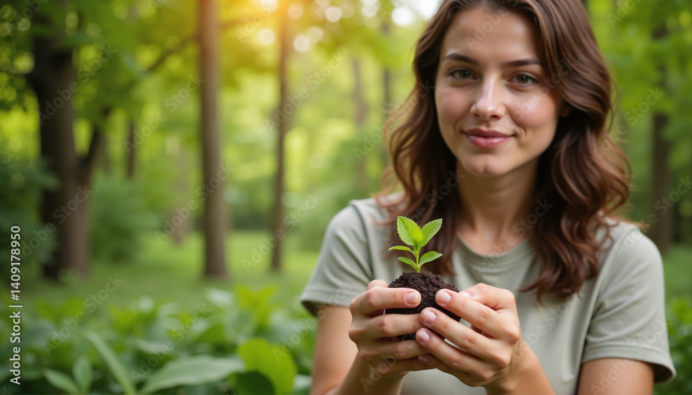 Smiling young woman holding small plant, caring for nature, in lush green forest environment Smiling young woman holding small plant, caring for nature, in lush green forest environment