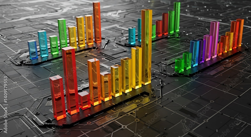 Obraz premium Colorful bar graphs on a dark circuit board representing data analysis and visualization trends