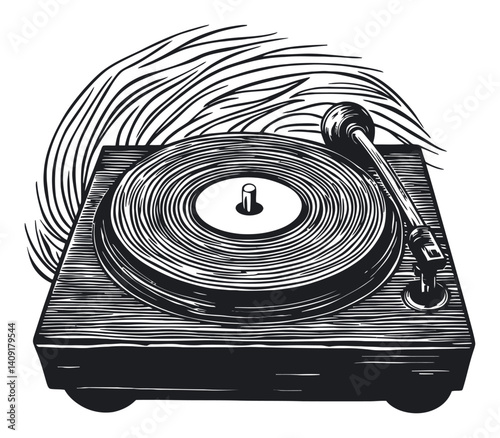 Engraved Vintage Record Player with Vinyl Record Detail