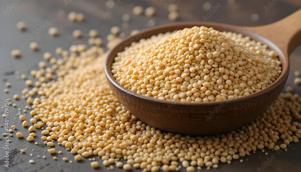 A close-up view of a wooden bowl brimming with hulled, light beige grains, likely a type of legume or seed. A close-up view of a wooden bowl brimming with hulled, light beige grains, likely a type of legume or seed.