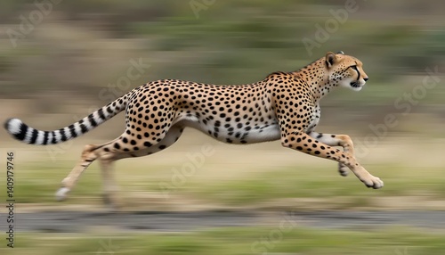 A cheetah, in full stride, runs across a savanna landscape.